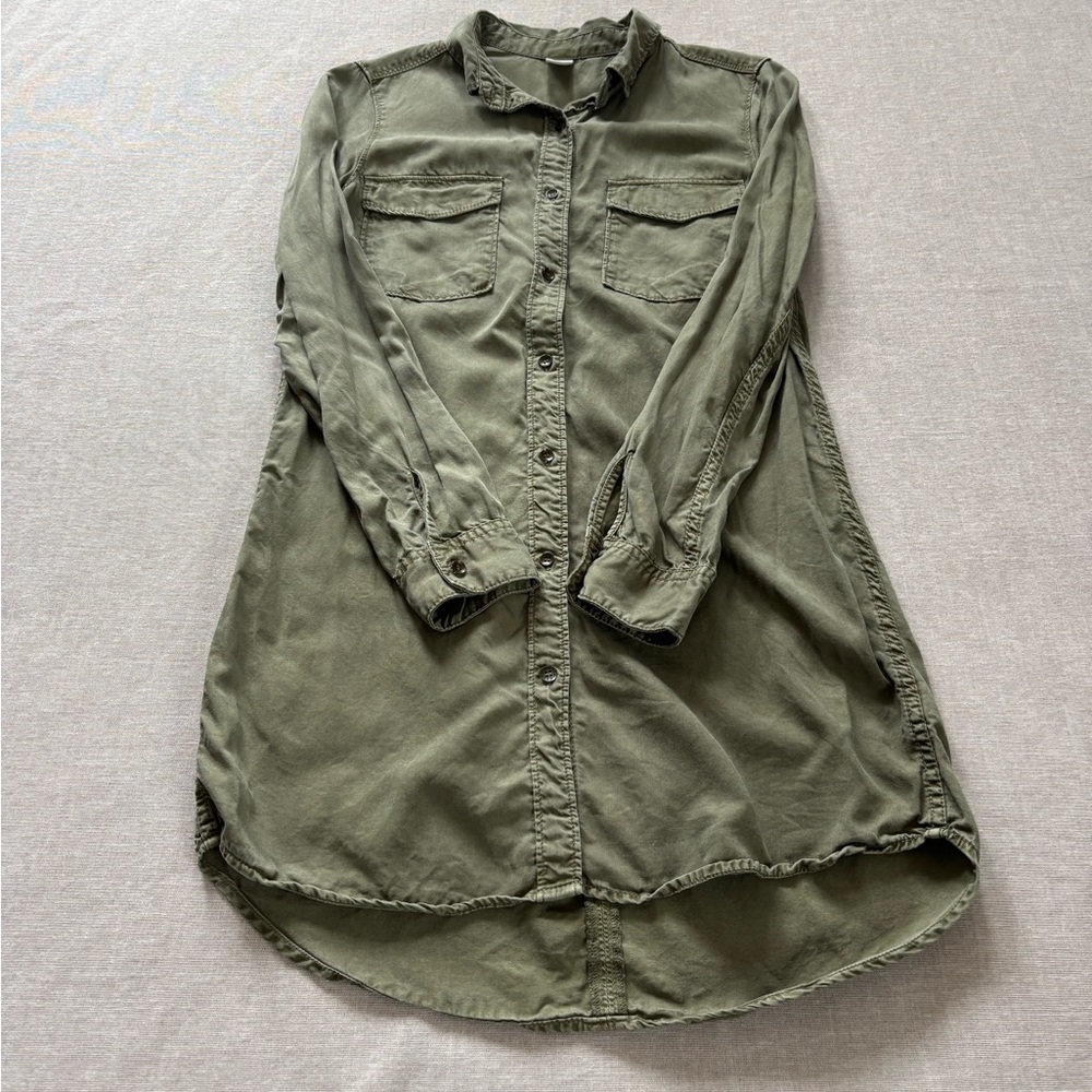 H&M olive army green work campus grunge long button up shirt size 4 - Picture 3 of 11